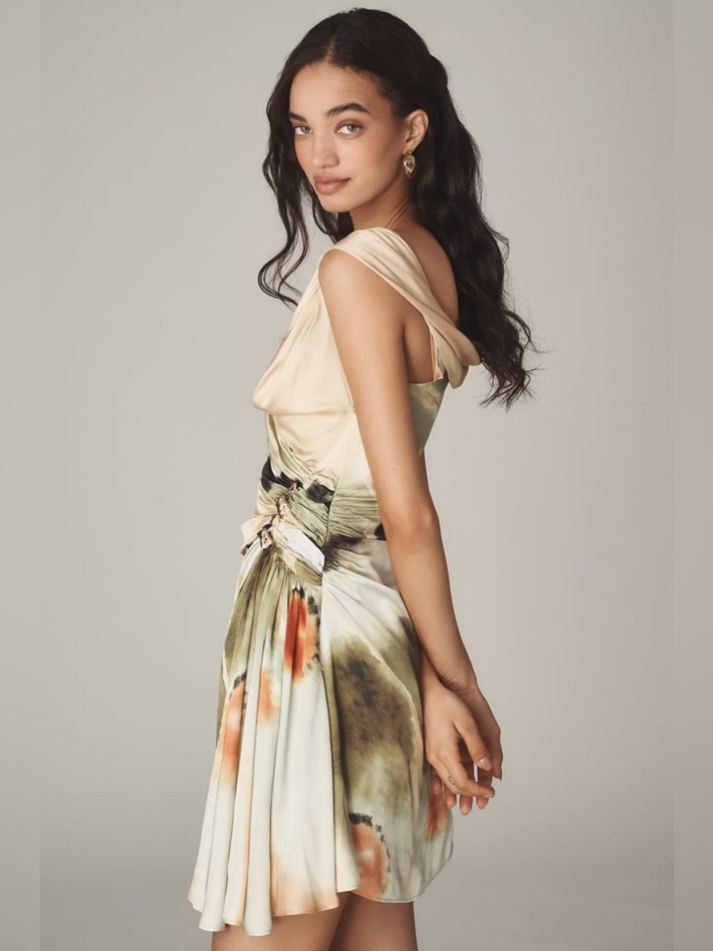 Satin Draped Tie-Detail Mini Dress in Peach-Green Watercolor - Picture 4 of 8